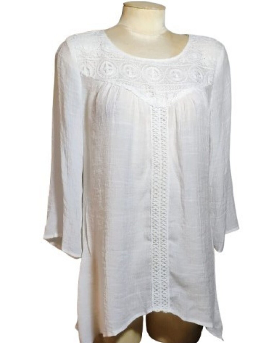 SPENSE White Boho Tunic Top Womens S Lace Yoke 3/4 Sleeve Relaxed Peasant Blouse